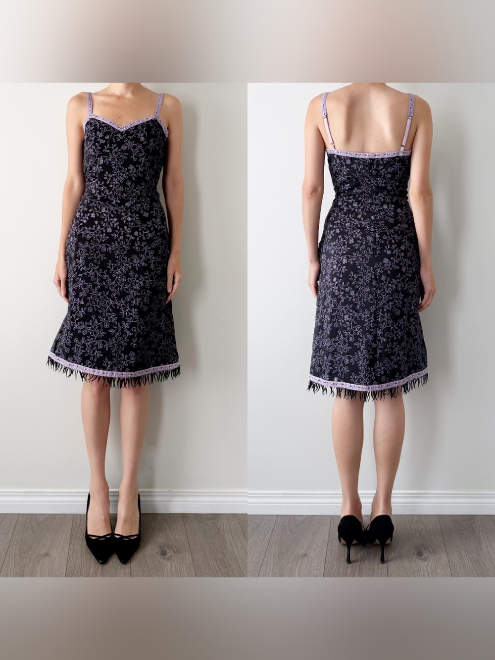 Vintage 90s Betsey Johnson Black Label Embroidered Floral Slip midi Dress